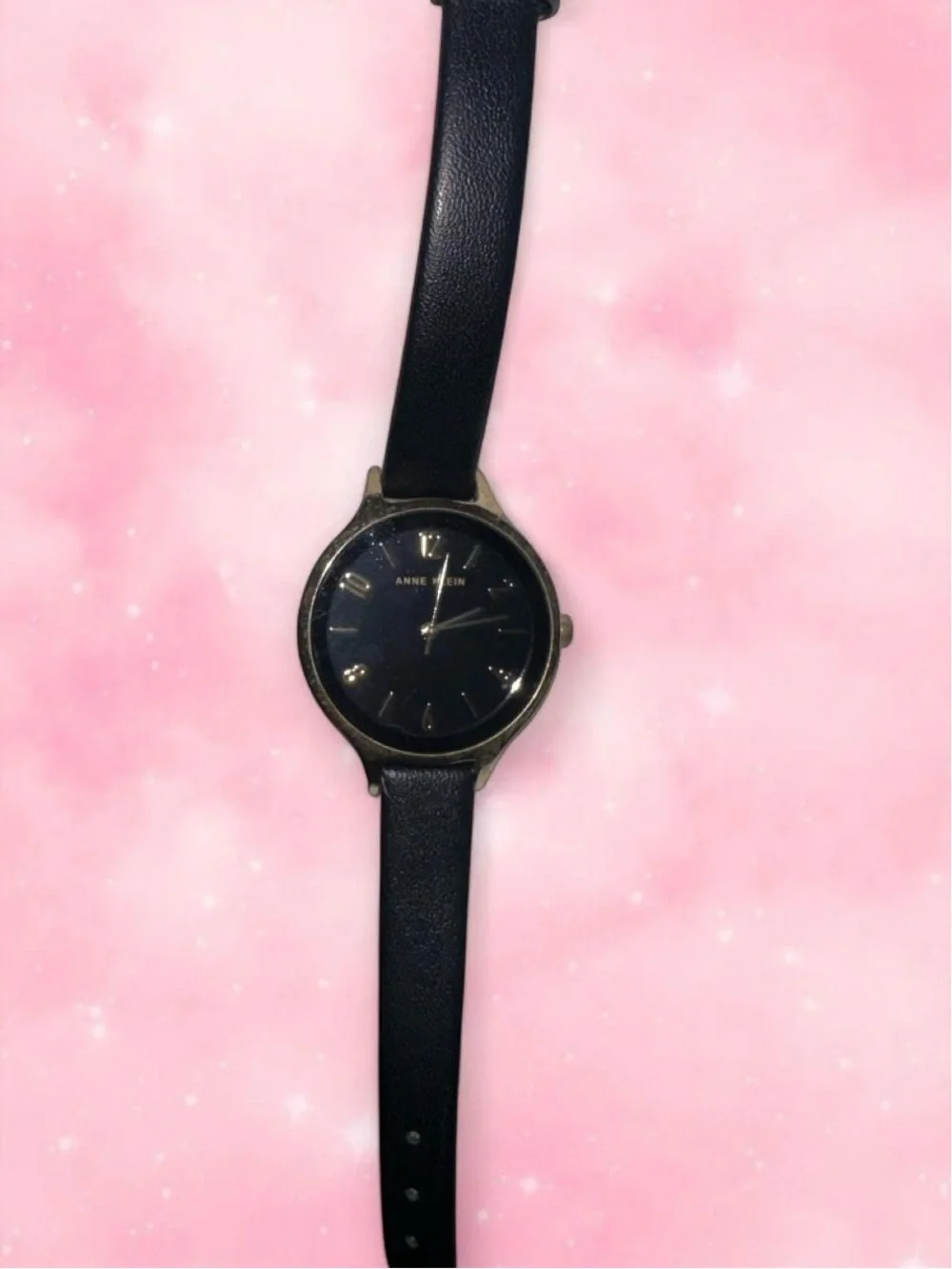 Anne Klein Black and Gold Women's Leather-Strap Watch